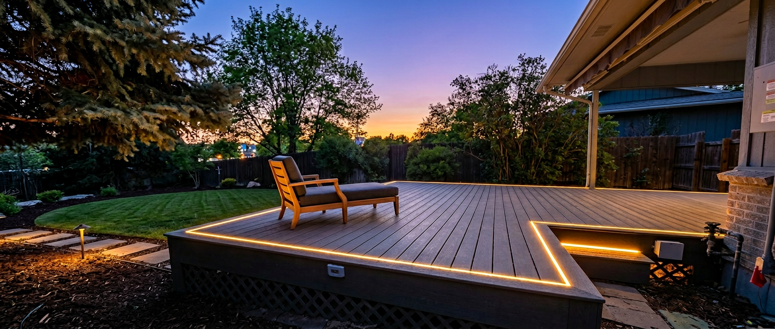 Custom composite deck with warm LED accent lighting at twilight — built in Elizabeth, CO